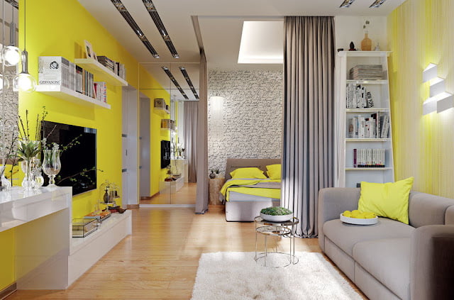 contemporary grey and yellow living room