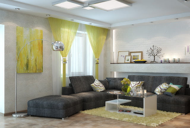 contemporary grey and yellow living room
