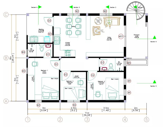 desain rumah kecil 8x11 meter 3 kamar tidur 2 kamar mandi lengkap dengan denah