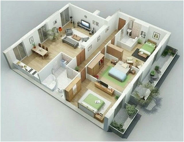 Small House Plans With 3 bedroom 3D Photos