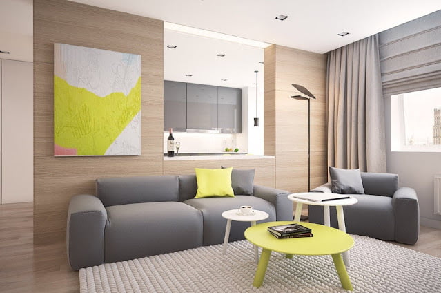 contemporary grey and yellow living room