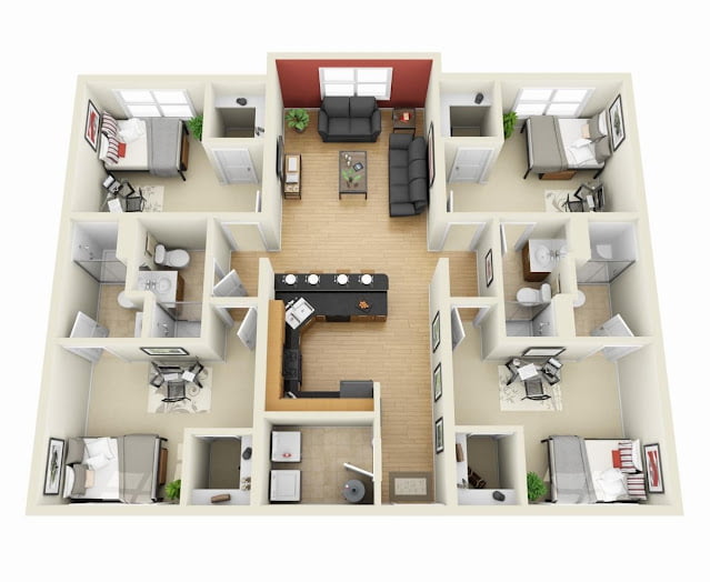 house plans with 4 bedrooms grouped together