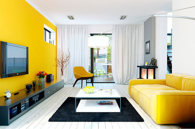 contemporary grey and yellow living room