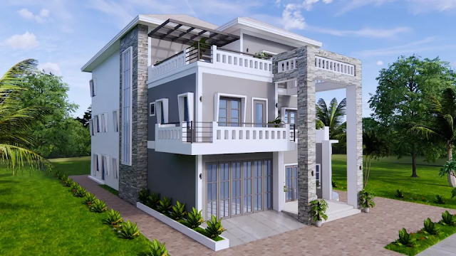 design image of a 3-storey 12x23 meter 5 bedroom house design