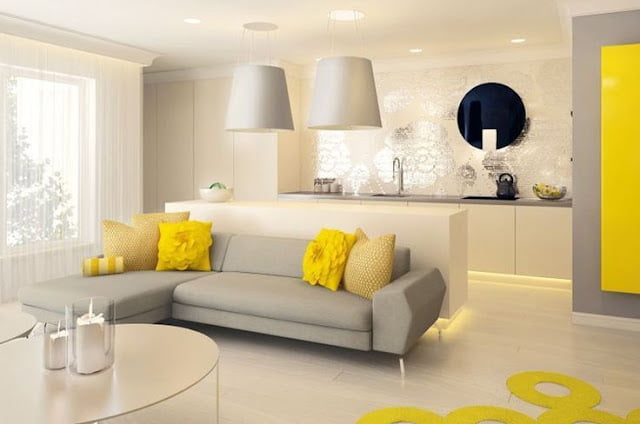 contemporary grey and yellow living room