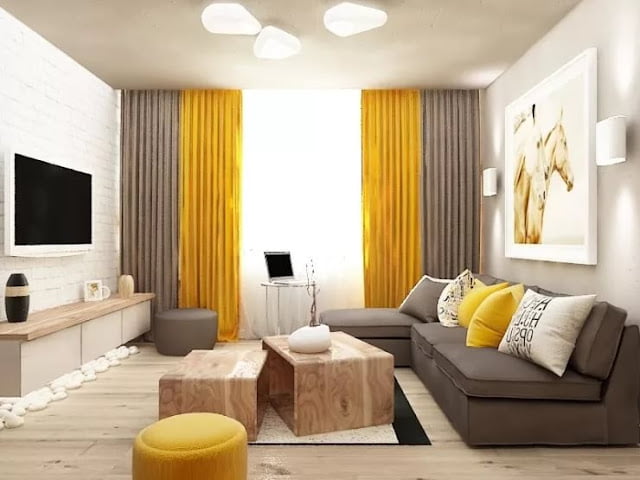 contemporary grey and yellow living room