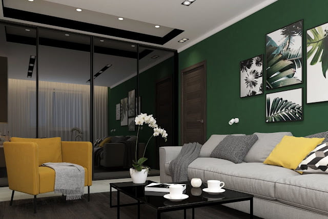 green and gray living rooms