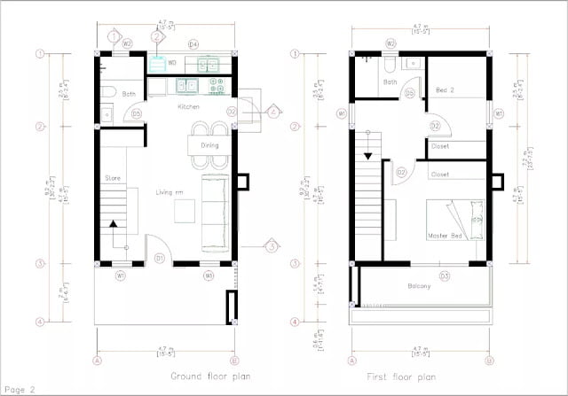 Small Two Floor House Plan 4.7 x 9 Meters 2 Bedrooms 2 Bathrooms