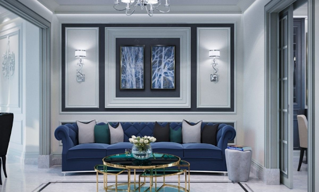 blue and gray living room combination