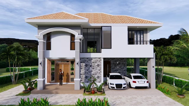 design image of a 2-storey house 11m x 8m 3 bedrooms 2 bathrooms complete with floor plan