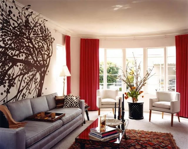 red curtains living room