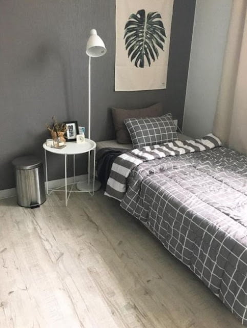 modern cozy grey and white bedroom