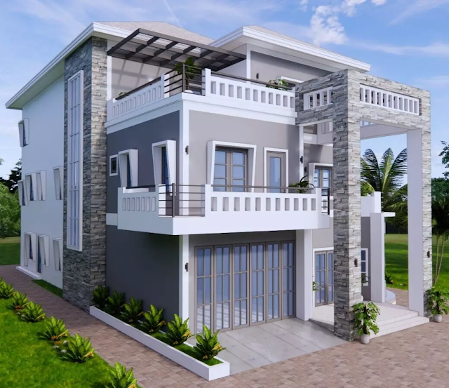 design image of a 3-storey 12x23 meter 5 bedroom house design