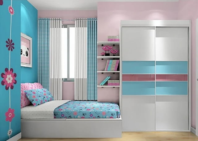 light pink and blue bedroom