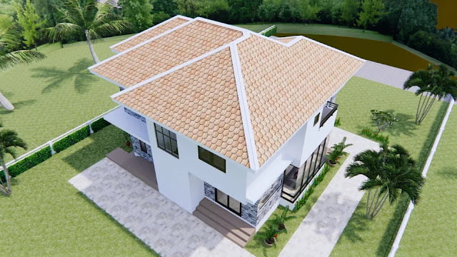 design image of a 2-storey house 11m x 8m 3 bedrooms 2 bathrooms complete with floor plan