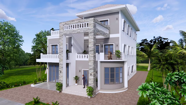 design image of a 3-storey 12x23 meter 5 bedroom house design