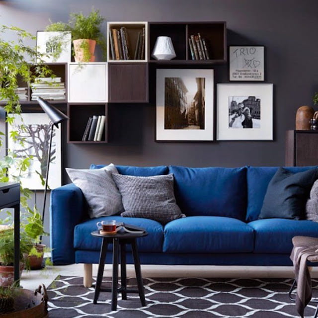 blue and gray living room combination