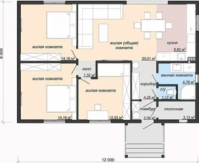 Compact project of a one-story house with sides 8x12