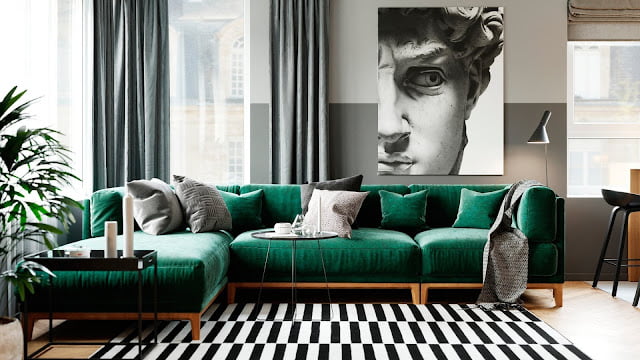 green and gray living rooms
