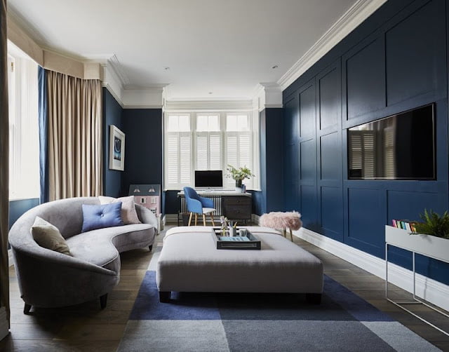 blue and gray living room combination