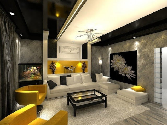 contemporary grey and yellow living room