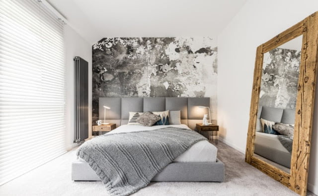 modern cozy grey and white bedroom