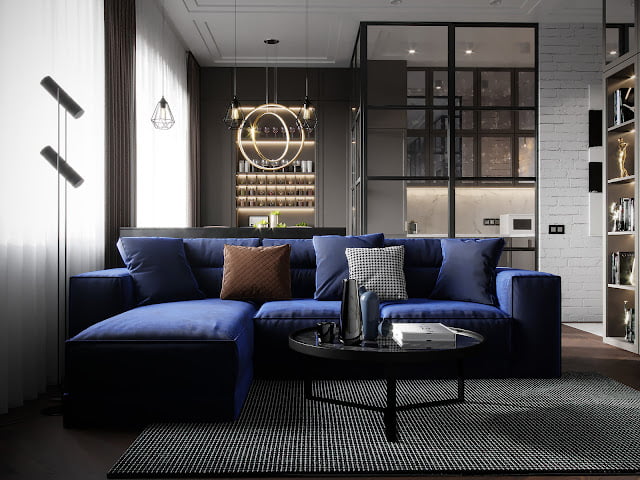 blue and gray living room combination