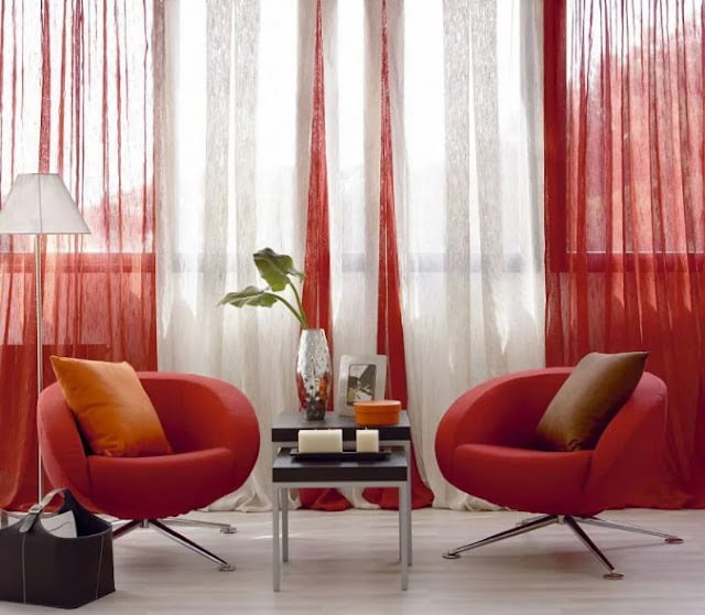 red curtains living room