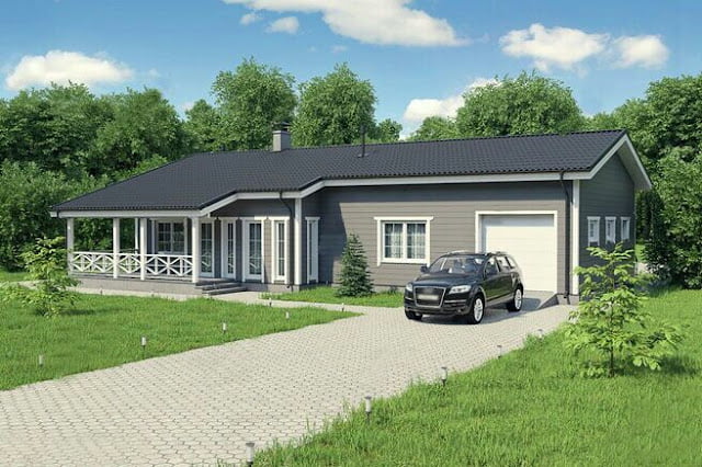 one story finnish house with a veranda