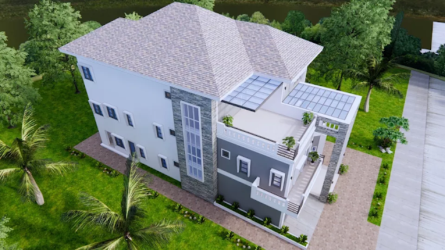 design image of a 3-storey 12x23 meter 5 bedroom house design