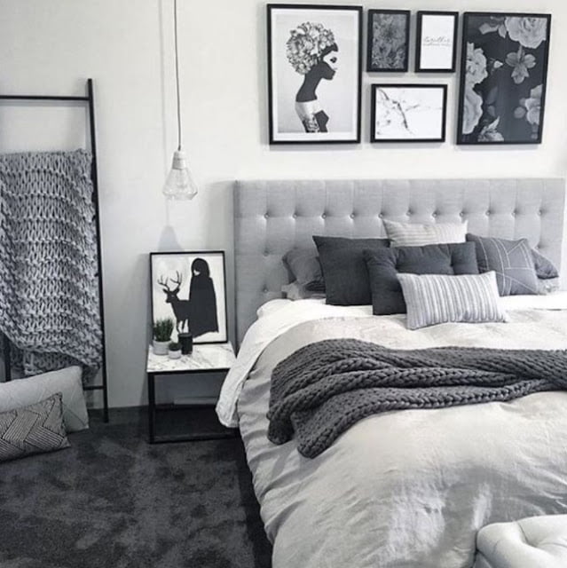 modern cozy grey and white bedroom
