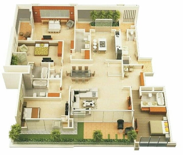 Small House Plans With 4 bedroom 3D Photos