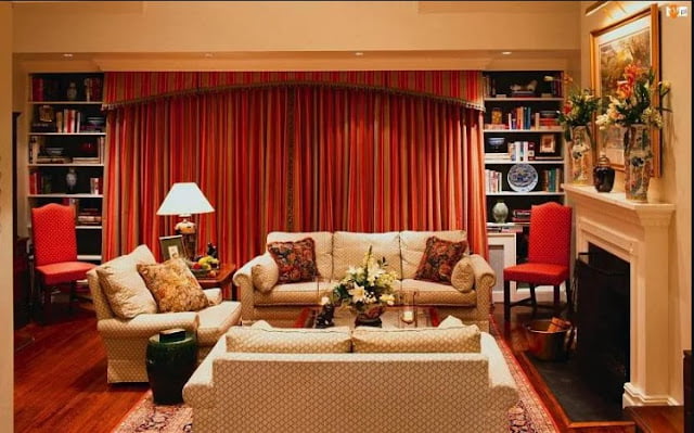 red curtains living room