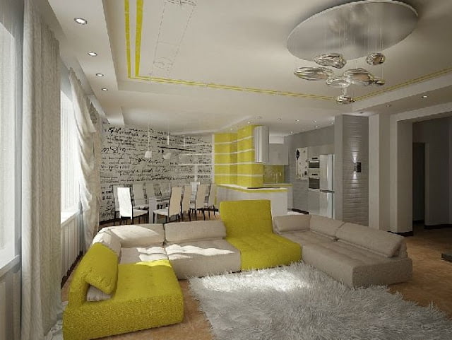 contemporary grey and yellow living room