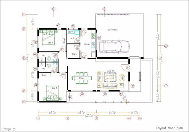 12x14 meter 2 bedroom 2 bathroom house plan