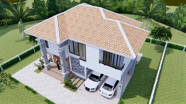 design image of a 2-storey house 11m x 8m 3 bedrooms 2 bathrooms complete with floor plan