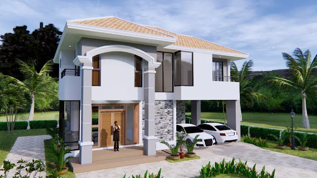 design image of a 2-storey house 11m x 8m 3 bedrooms 2 bathrooms complete with floor plan