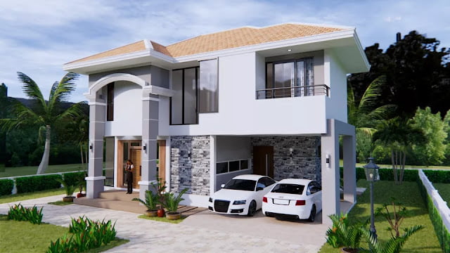design image of a 2-storey house 11m x 8m 3 bedrooms 2 bathrooms complete with floor plan