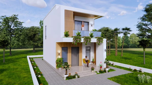 Small Two Floor House Plan 4.7 x 9 Meters 2 Bedrooms 2 Bathrooms