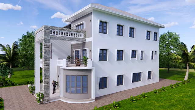 design image of a 3-storey 12x23 meter 5 bedroom house design