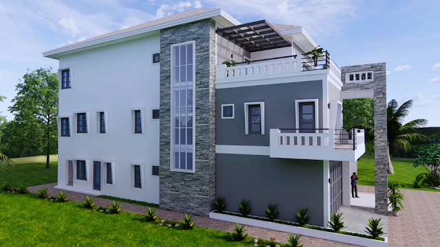 design image of a 3-storey 12x23 meter 5 bedroom house design