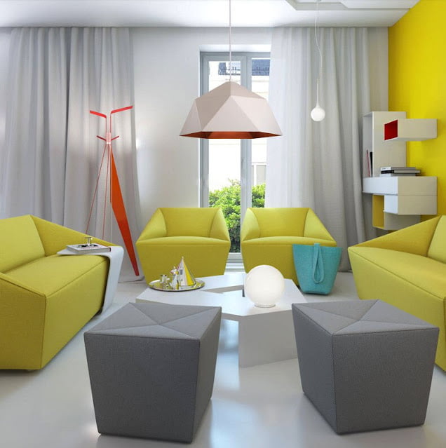 contemporary grey and yellow living room