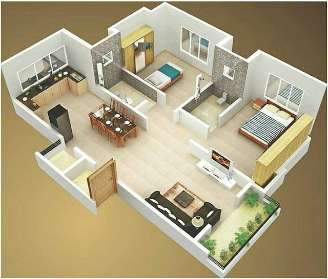 Small House Plans With 2 bedroom 3D Photos