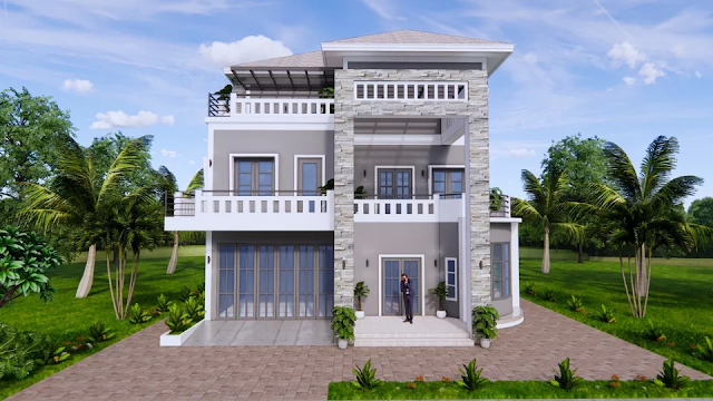 design image of a 3-storey 12x23 meter 5 bedroom house design