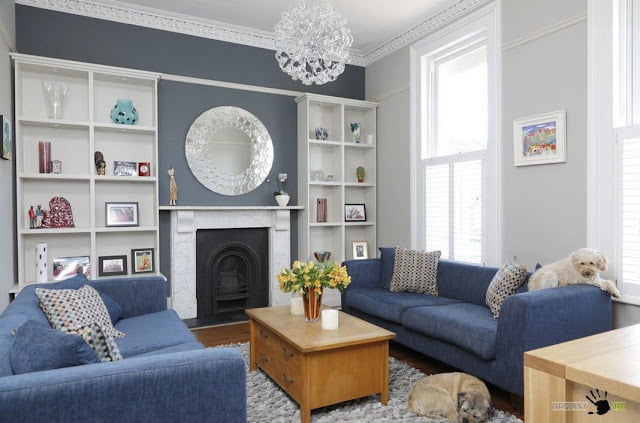 blue and gray living room combination
