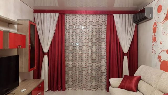 red curtains living room