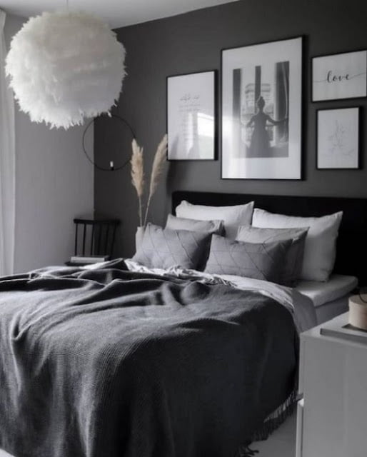 modern cozy grey and white bedroom