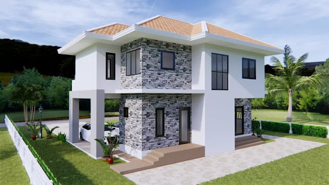 design image of a 2-storey house 11m x 8m 3 bedrooms 2 bathrooms complete with floor plan