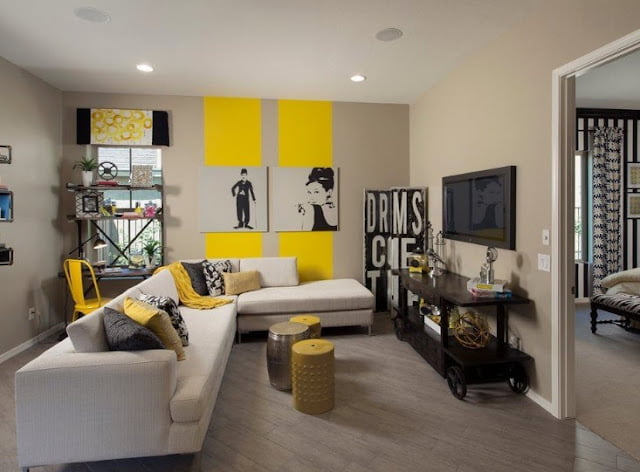contemporary grey and yellow living room