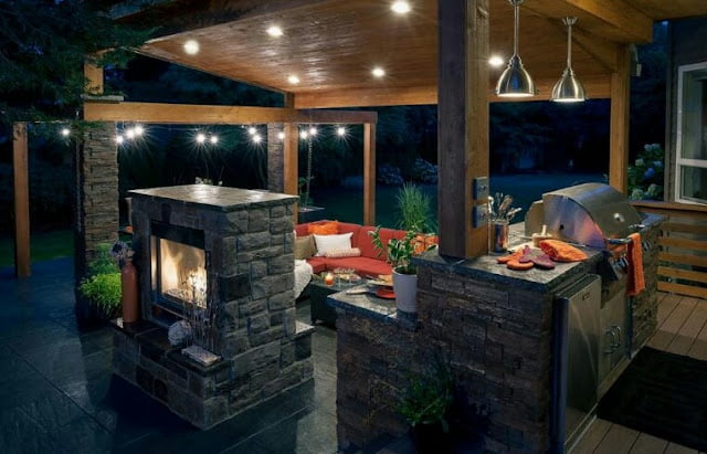 covered outdoor living spaces with fireplace